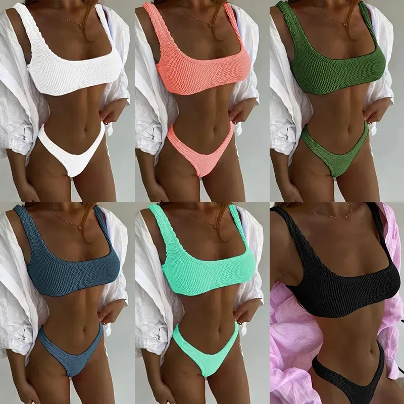 

Soft Folded Multi-Color Bikini Swimsuit Women's Simple Sexy High Waist Separate Swimwear Elegant Fashionable Beachwear