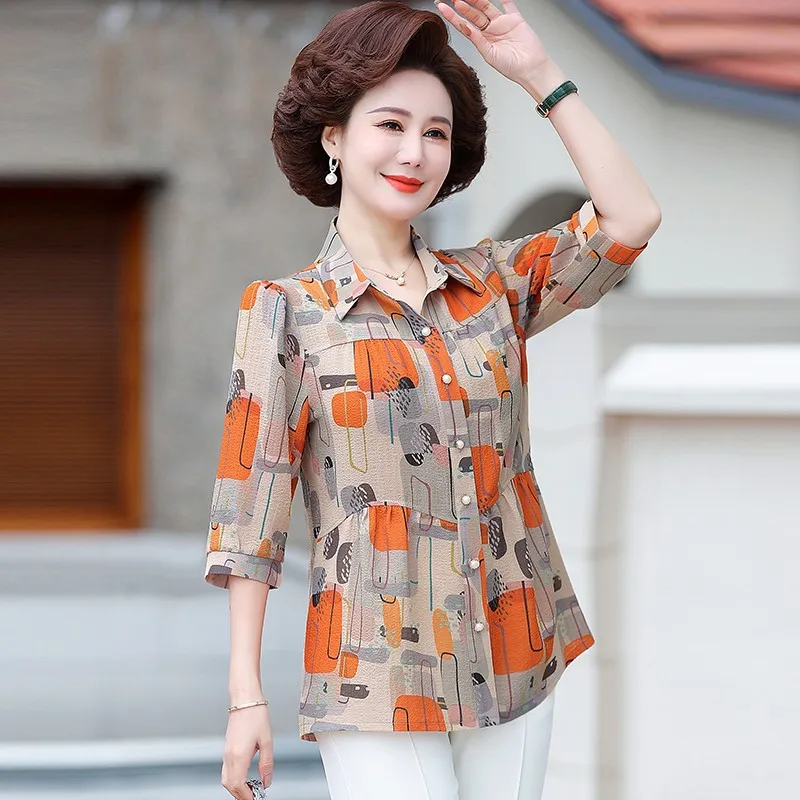 Spring Summer Women Chiffon Shirts Temperament Elegant Polo-Neck Half Sleeve Print Bloouses Ladies Tops Blusas