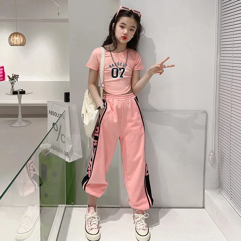 vetement fille 12 ans teen girls clothes sets cotton short Irregular t-shirt+Casual pants 2pcs 4-15 kid summer sport suit outfit