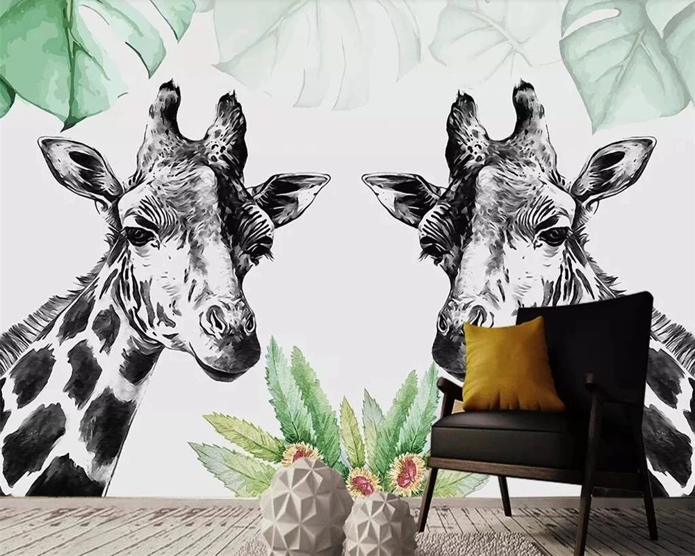 Customized Wallpaper Nordic pastoral 3D simple black white giraffe Mural Living room sofa TV background wall bedroom restaurant