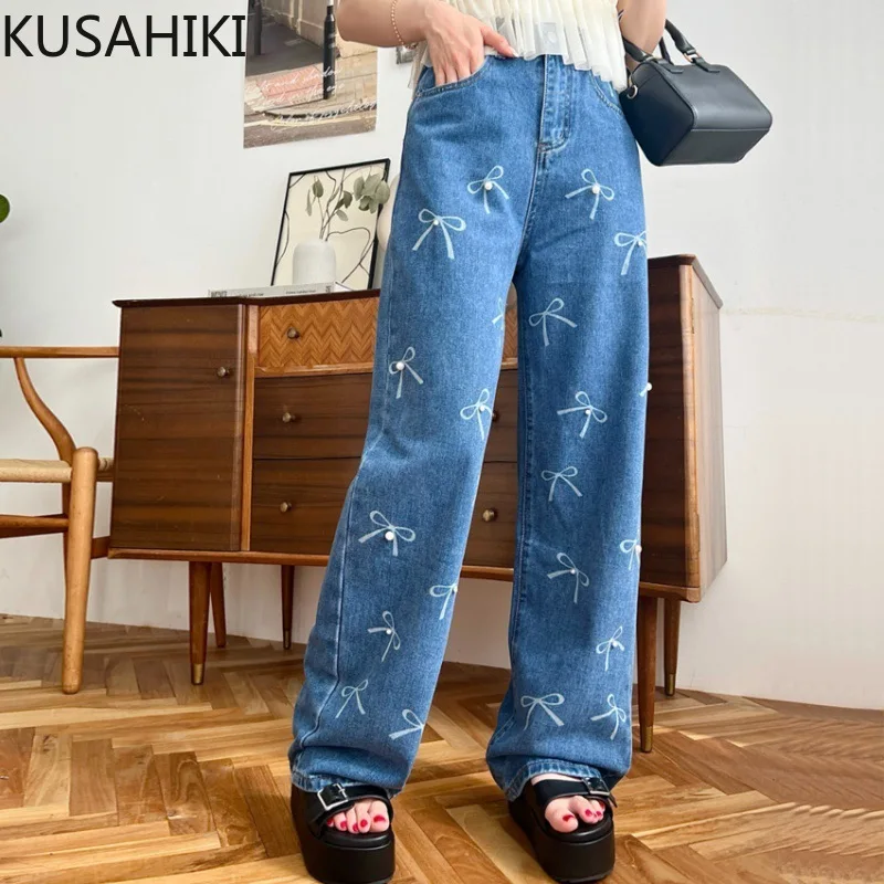 KUSAHIKI Printed Bow Tie Nail Bead Jeans Fashionable Pearl Women's Pants Versatile Autumn Winter Demin Long Trousers