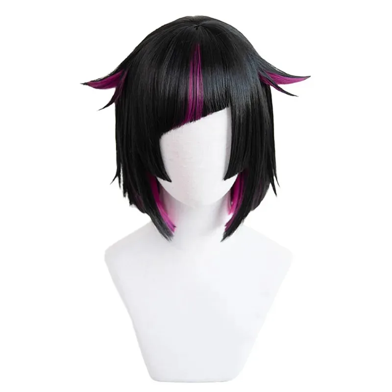 在庫あり リリア・ヴァンルージュ コスプレウィッグ アニメ ショート 30cm ブラック ハイライト パープル ウィッグと歯付き 耐熱性合成パーティーウィッグ