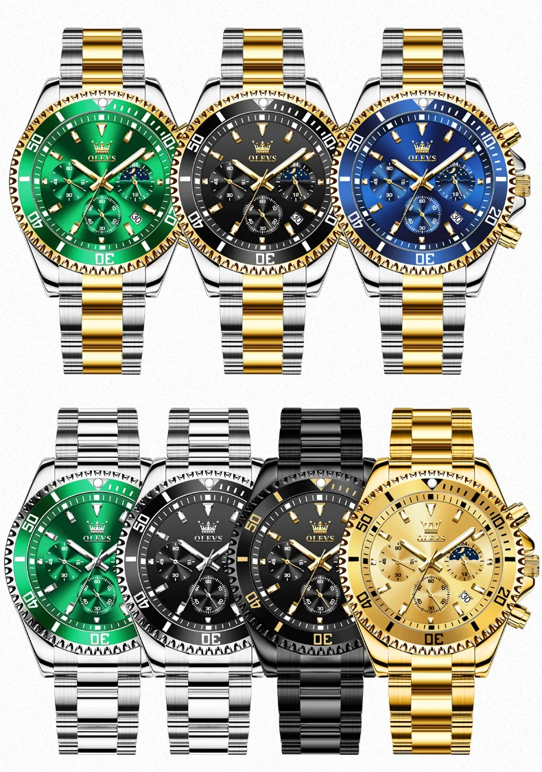 OLEVS 2870 Chronograph Quartz Business Men Watch Fashion Moon Phase Waterproof Watch For Men Stainless Steel Original Wristwatch