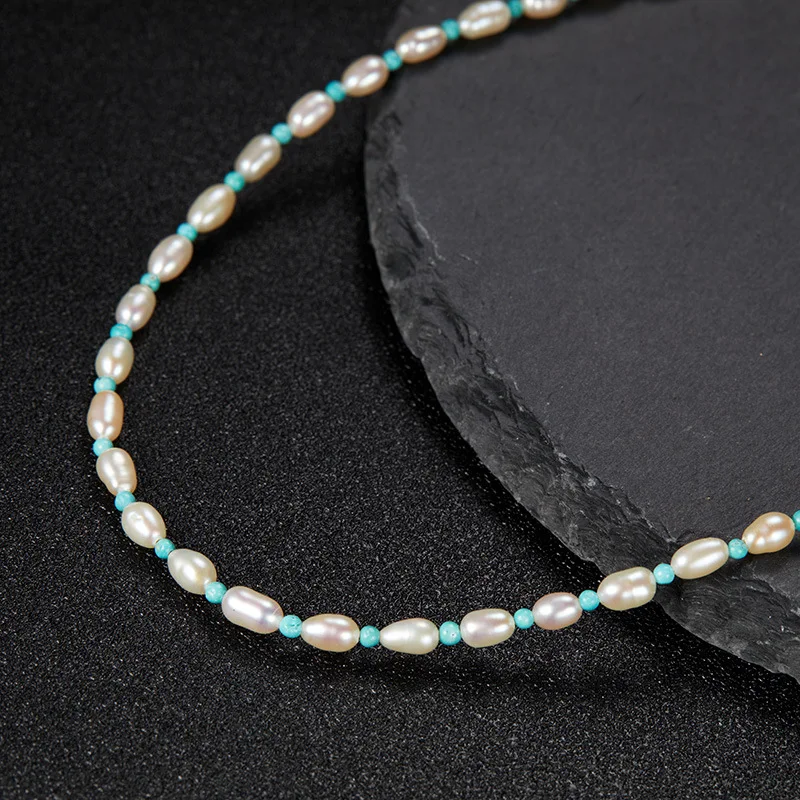 

insNatural Wind Turquoise Freshwater Pearl Stitchings925Sterling Silver Necklace for Women Clavicle Chain