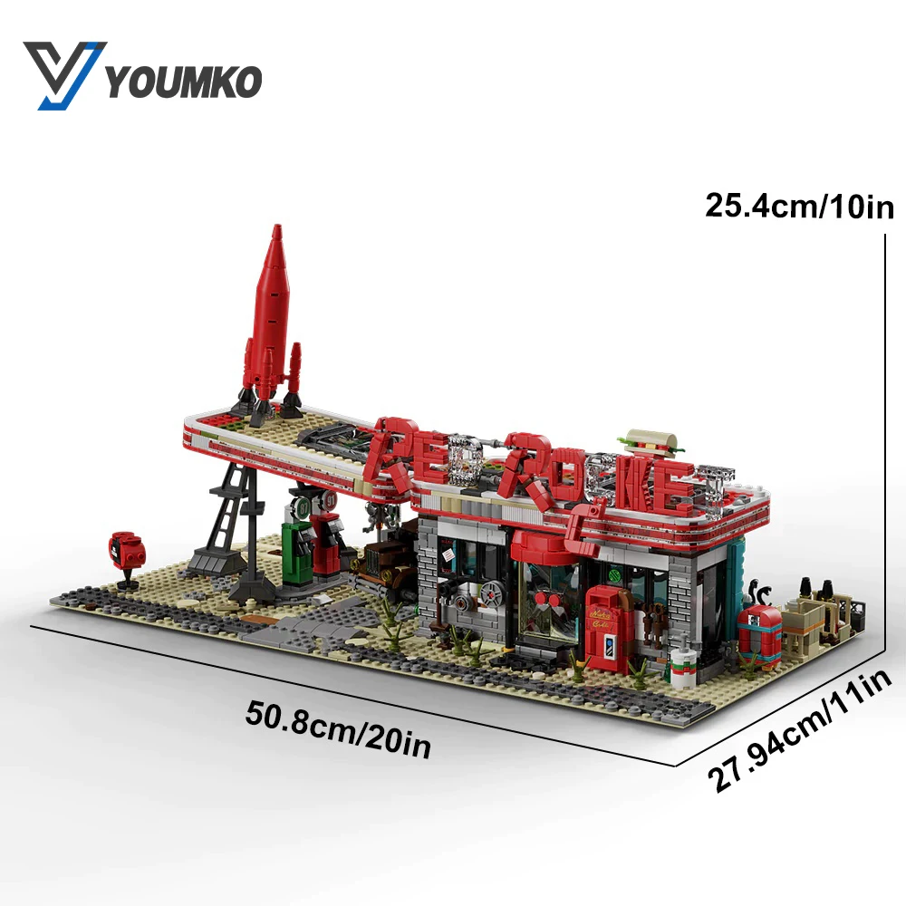 2221PCS MOC Rode Raket Tankstation Bouwstenen Fallouted Game Store Architectuur Model Montage Speelgoed voor Volwassenen Kids Gift