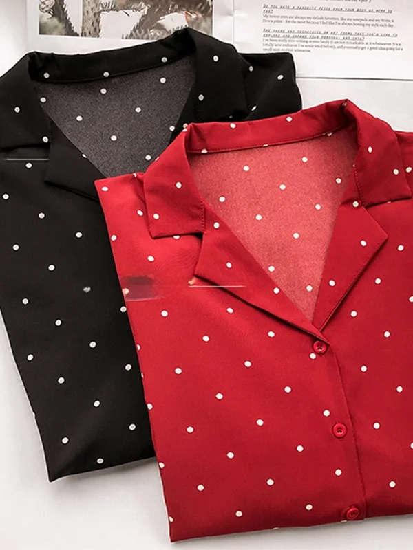 Polka Dot Print Loose V-Ne Long Sve Chiffon Top Street Sle Loose Fit irt for Women 8-24 Years Old Spring Season