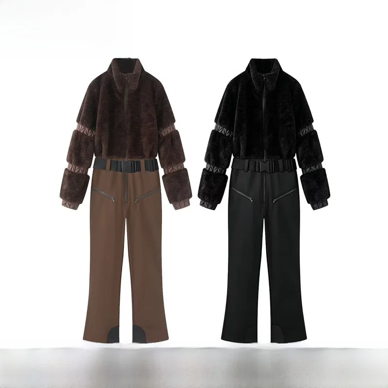 Early Autumn New Women's Thickened Zipper Jumpsuit Snowsuits Fashion Splicing High Waist Long Pants Commute Style Polyester F...