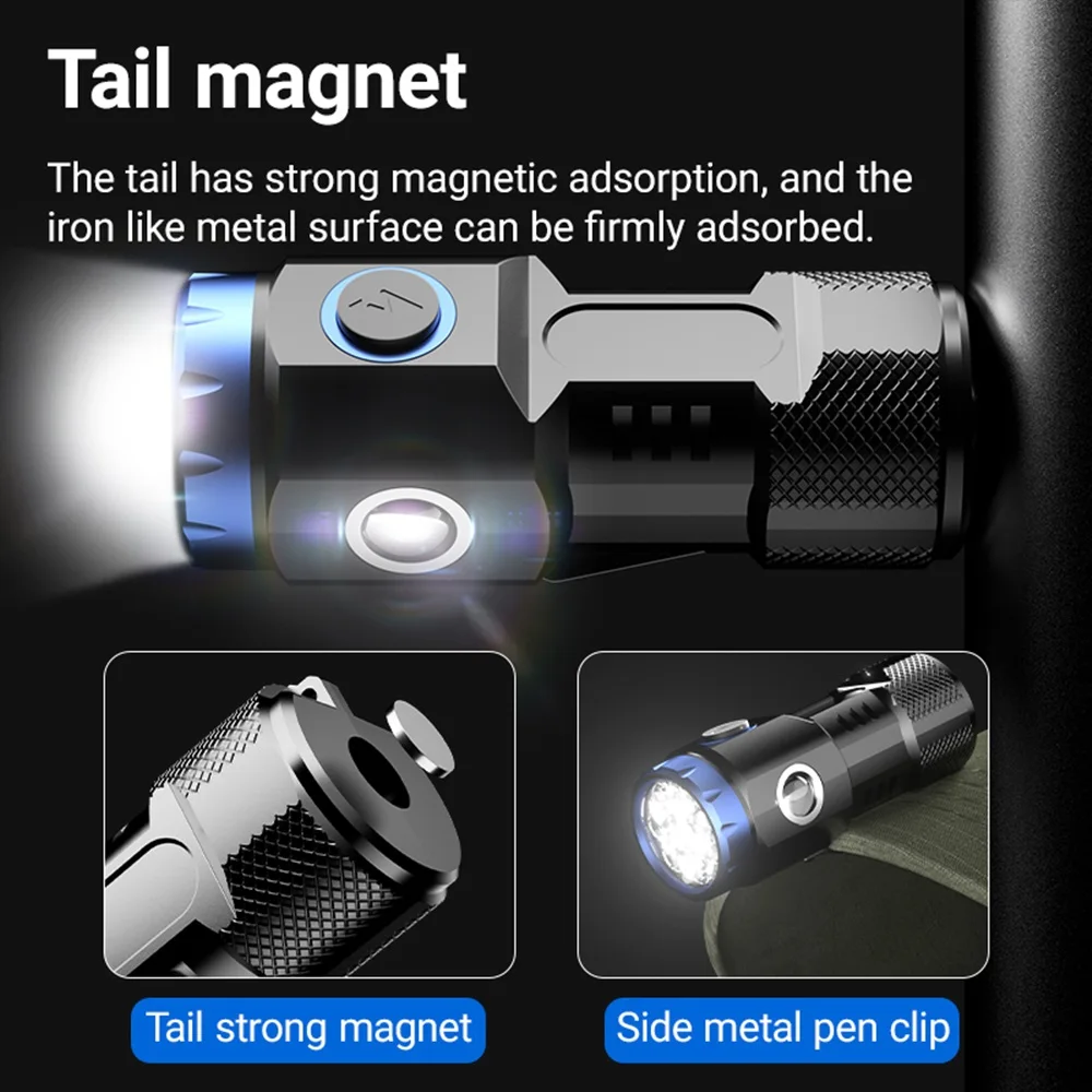 6500K 8LED High Bright Mini Flashlight Usb Rechargeable COB Side light Tail Magnet Clip Torch Portable Lighting X88