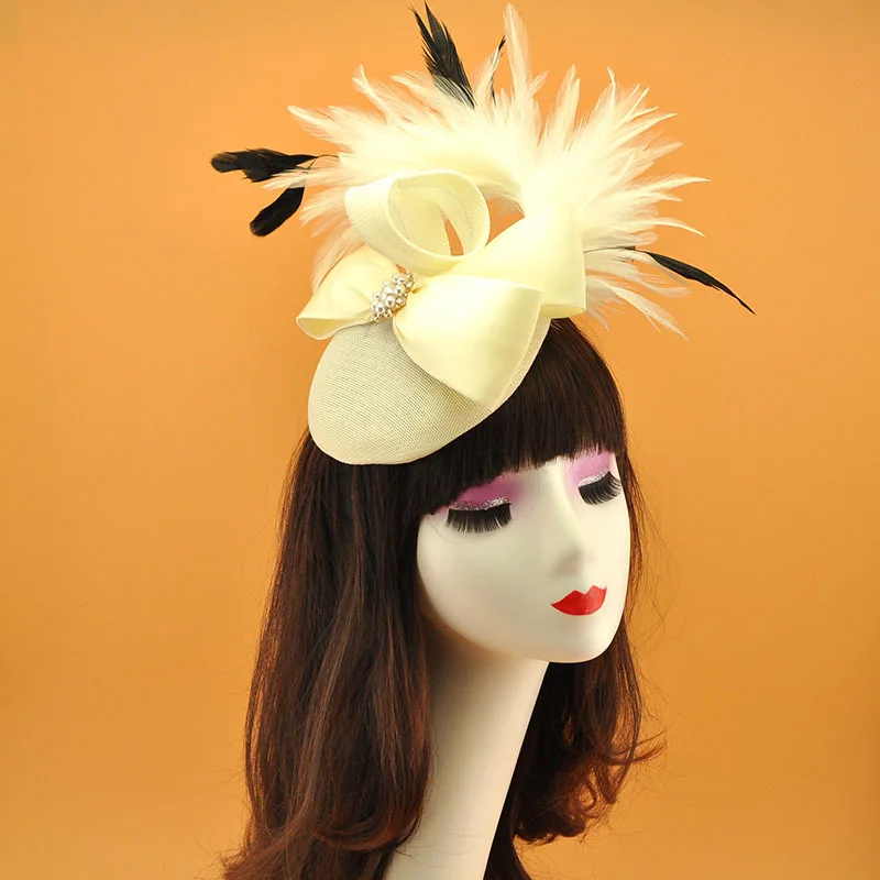 

New Women Large Brim Satin Fascinator Hat Cocktail Wedding Party Church Headpiece Retro Headwear Formal BowKnot Hair Accessories