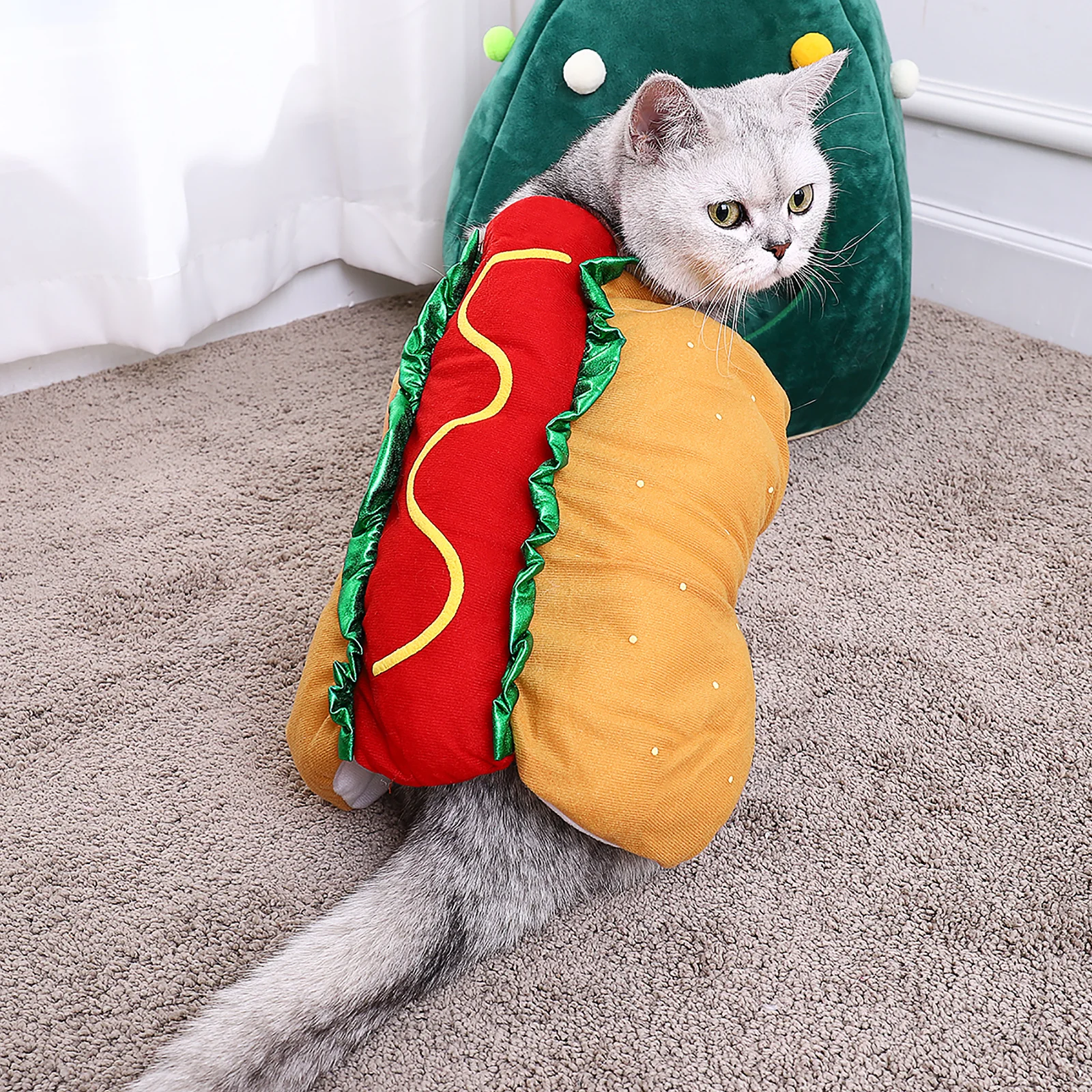 

Pet Hot Dog Costume Funny Small Dog Suit Elastic Neck for Easy Wear Perfect Halloween Christmas Party Dress Up Clothing Size S