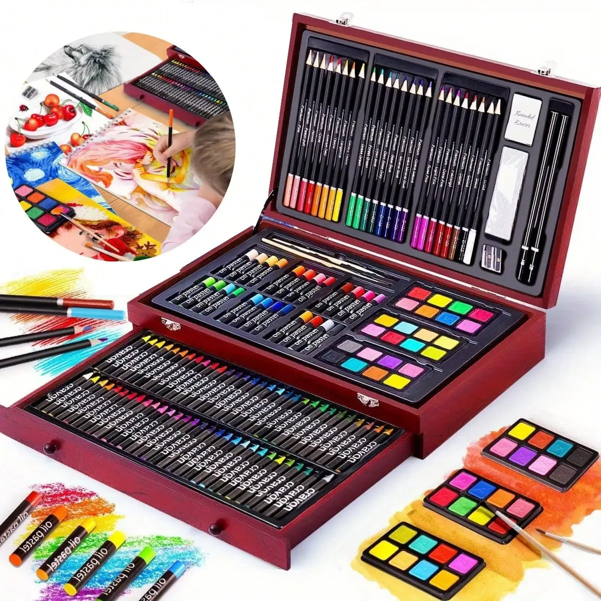 140-Piece Deluxe Art Set with Wooden Case, Acrylic Paints Colored Pencils Crayons Drawing Painting Kit, Professional Art Supplies for Adults Teens Artists, Gift Box
