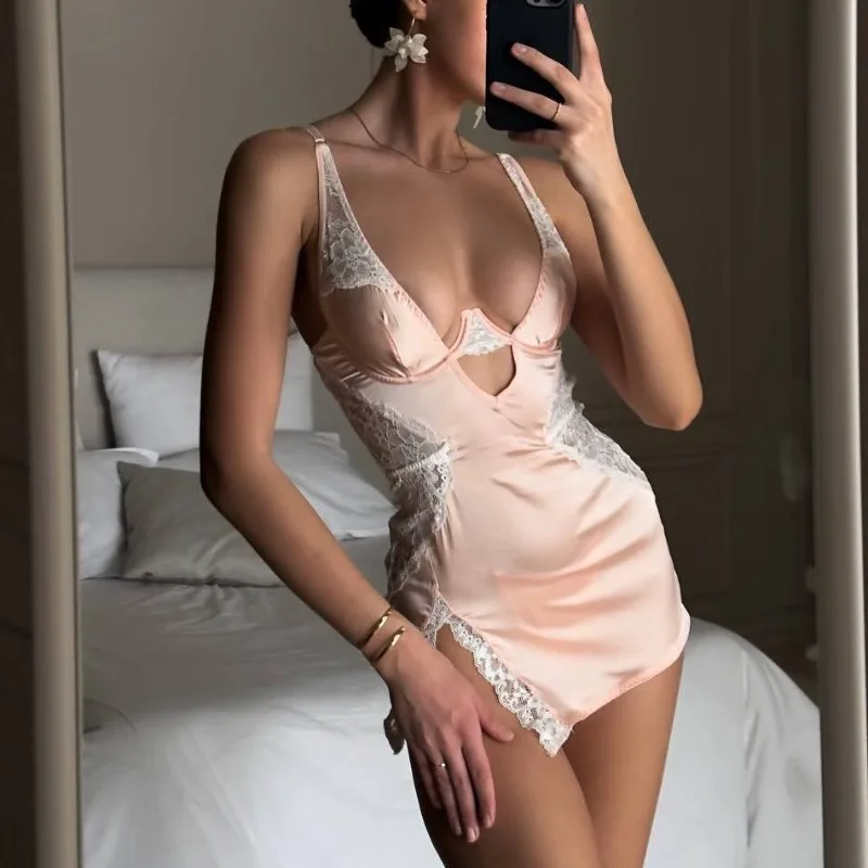 Sexy Deep-v Neck Satin Dress Sexy Lingerie Set For Women Lace Patchwork Split Sissy Night Dress Exotic Slip Dress Silk Nightwear