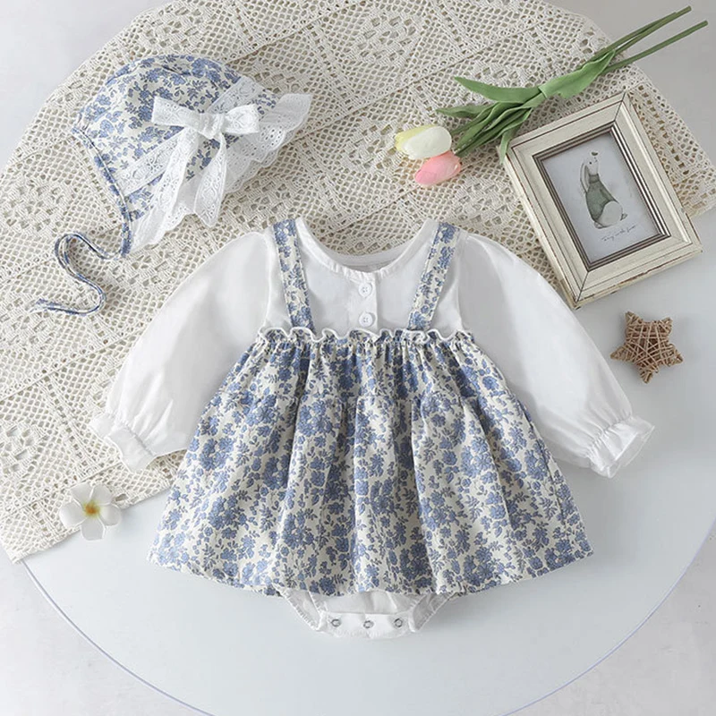 2026 New Spring 0-24M Baby Girl Clothing Toddler Baby Girl Romper+Hat Long Sleeved Cotton Splicing Korean Style Climbing Suit