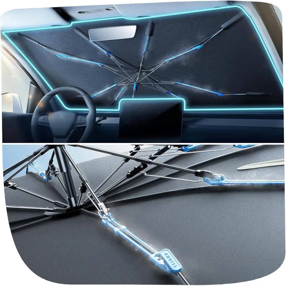 

[2025 Upgraded] Nmoiss Windshield Sun Shade Umbrella [Ice Rib High Speed ​​Cooling] 99% UV Blocking Protects Car from Sun and He