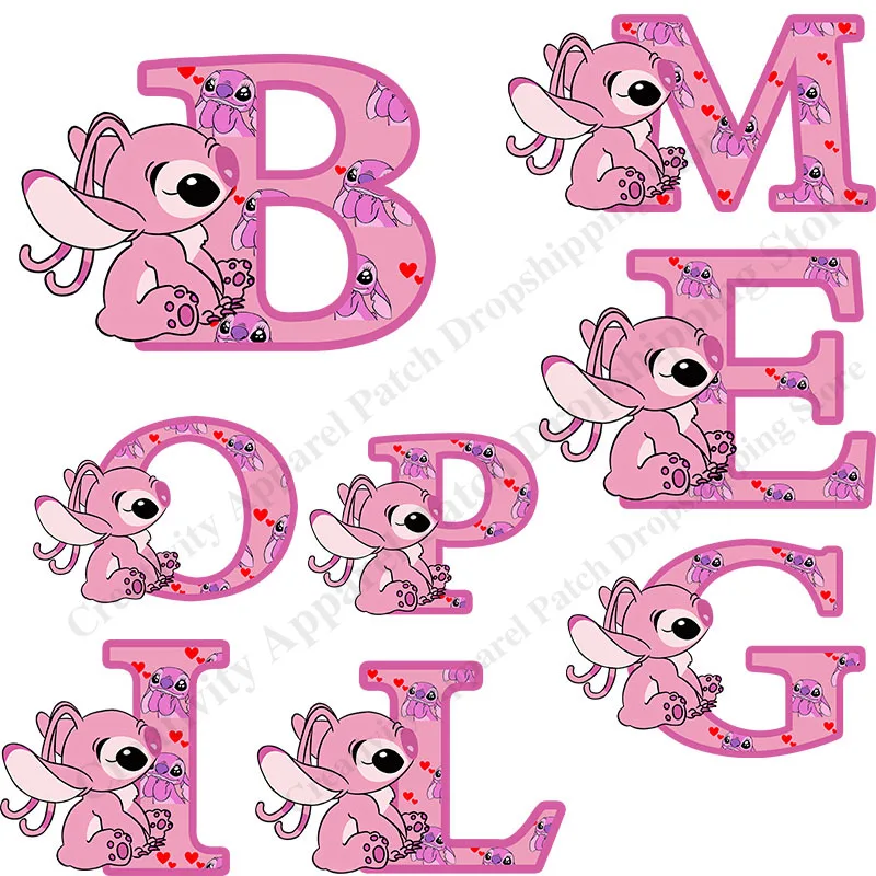 Kawaii Stitch Angel 26 English Alphabet Patches for Clothing Thermal Patch on Clothes DIY T-Shirt Hoodies Backpack Decoration