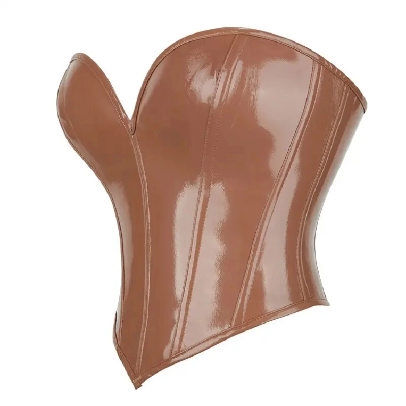 Brown Solid Shiny PVC Corset Crop Top Body Shaper Women Strapless Lace Up Gothic Bustiers Female Push Up Corselet Tube Top Vest
