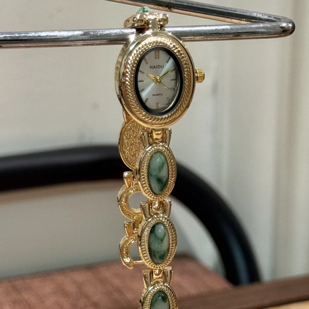Retro Women's Quartz Watch Oval Natural Stone Jade Advanced Chain Watches Woman Female Clock Bracelet Wristwatch montre femme