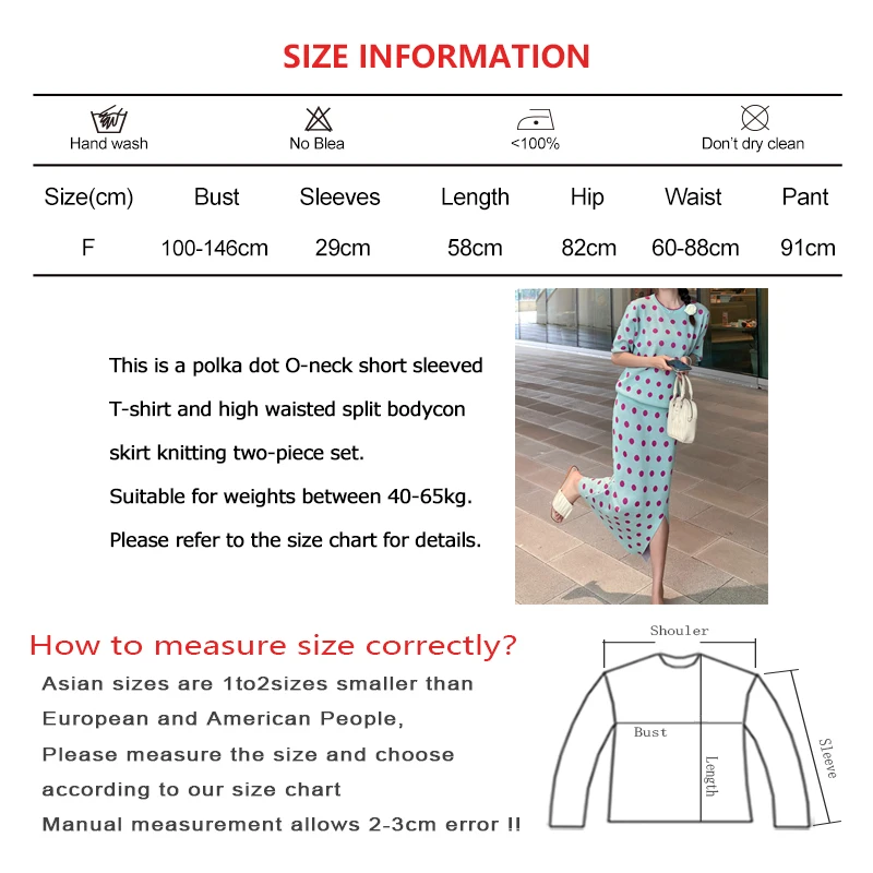 Women Summer Office Polka Dot Knit Two-piece Set O-neck Short Sleeved T-shirt and High Waist Hip Split Bodycon Skirt Chic Suit