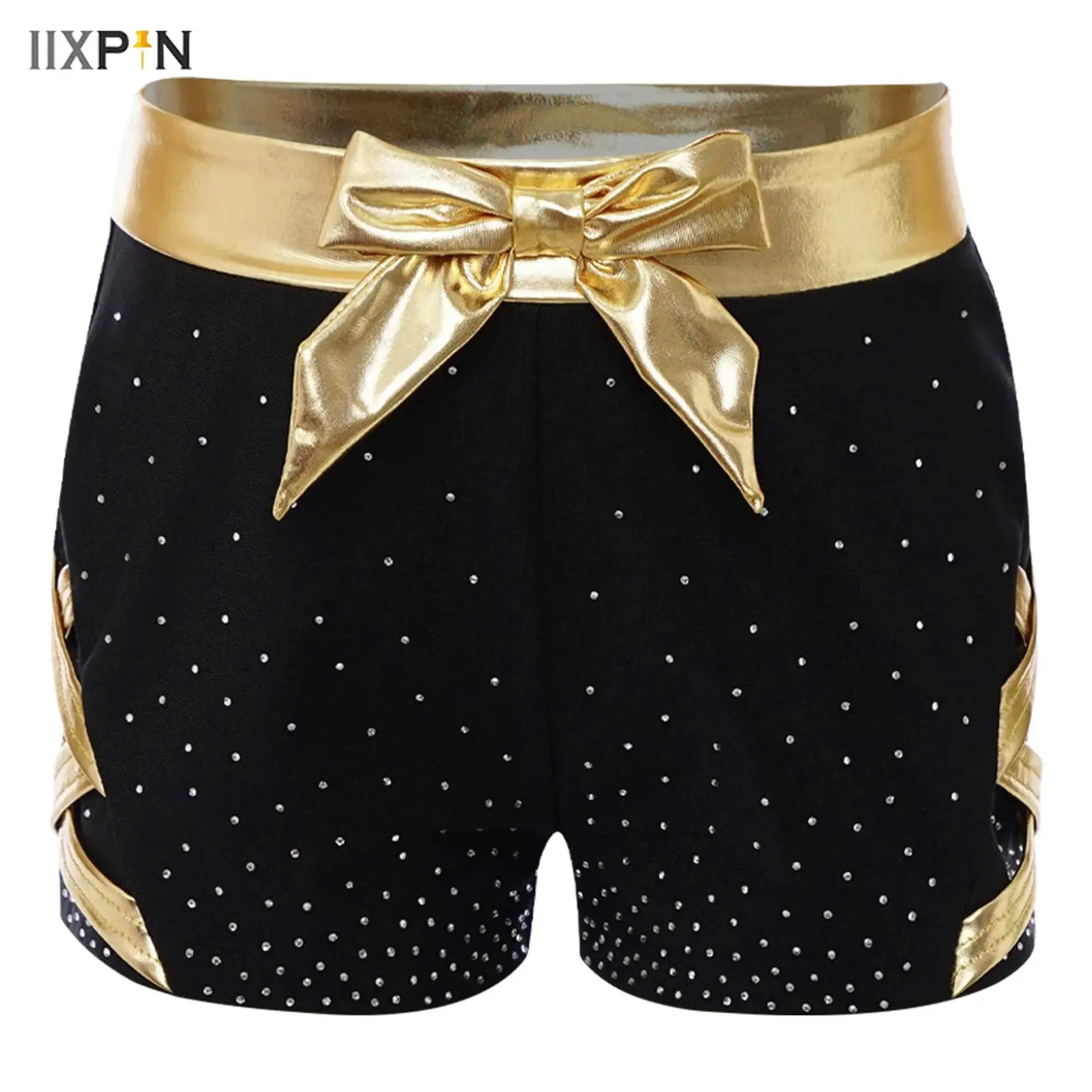 

Kids Girls Dance Shorts Gymnastics Sports Bottoms Metallic Bow Elastic Waistband Sides Crisscross Shiny Rhinestones Booty Shorts