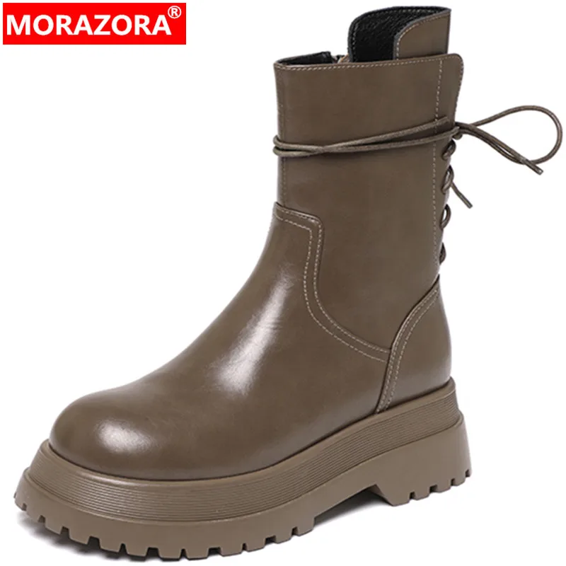 

MORAZORA 2024 New Cross Tied Ladies Winter Mid Calf Boots Genuine Leather Women Boots Chunky Zipper Platform Shoes