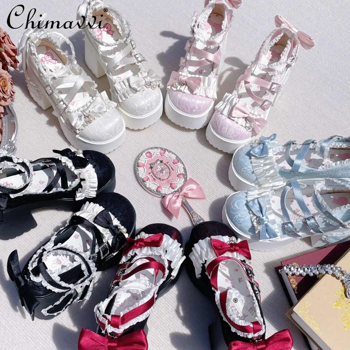 

Original Lolita Thick Heel Lace Round Head Temperament Mary Jane Shoes Female Princess Sweet Bow Girl Lady Cute High Heels