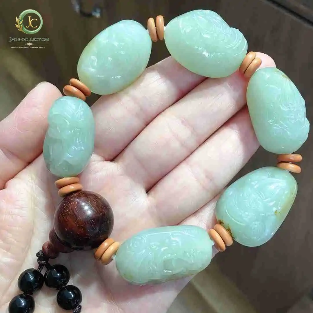 Natural Hetian Jade Bracelet Original Stone Carving "God of Wealth" Bracelet Handheld Playing with Jade Oil Glossy with Leather