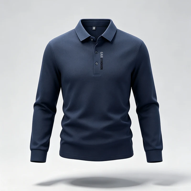 Herren-Polohemd im urbanen Stil, langärmelig, mit Reverskragen und Buchstabenmuster, ideal für den Stadtalltag und Freizeitoutfits. – Detail 15