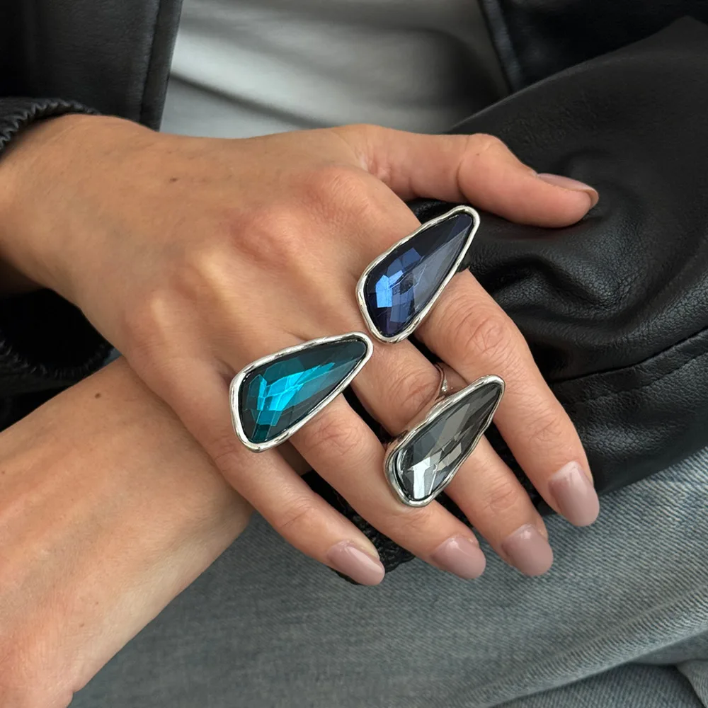 SHIXIN 3 Colors Trendy Acrylic Rhinestone Triangle Open Rings for Women Simple Party Geometric Irregular Adjustable Knuckle Ring