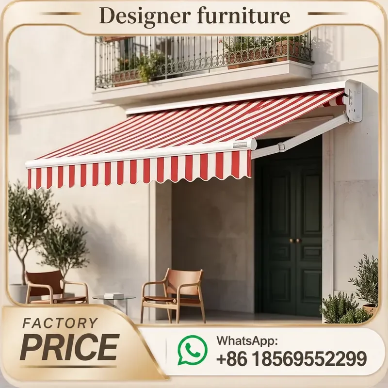 Custom Two Tone Striped Retractable Awning Heavy Duty Aluminum Waterproof UV Resistant Outdoor Sun Canopy For Patio Garden