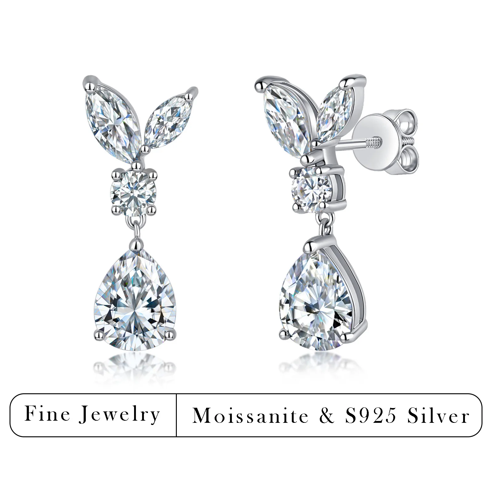 5.6CTW Pear & Marquise Cut Moissanite Drop Earrings 925 Sterling Silver Butterfly Dangle Jewelry For Women