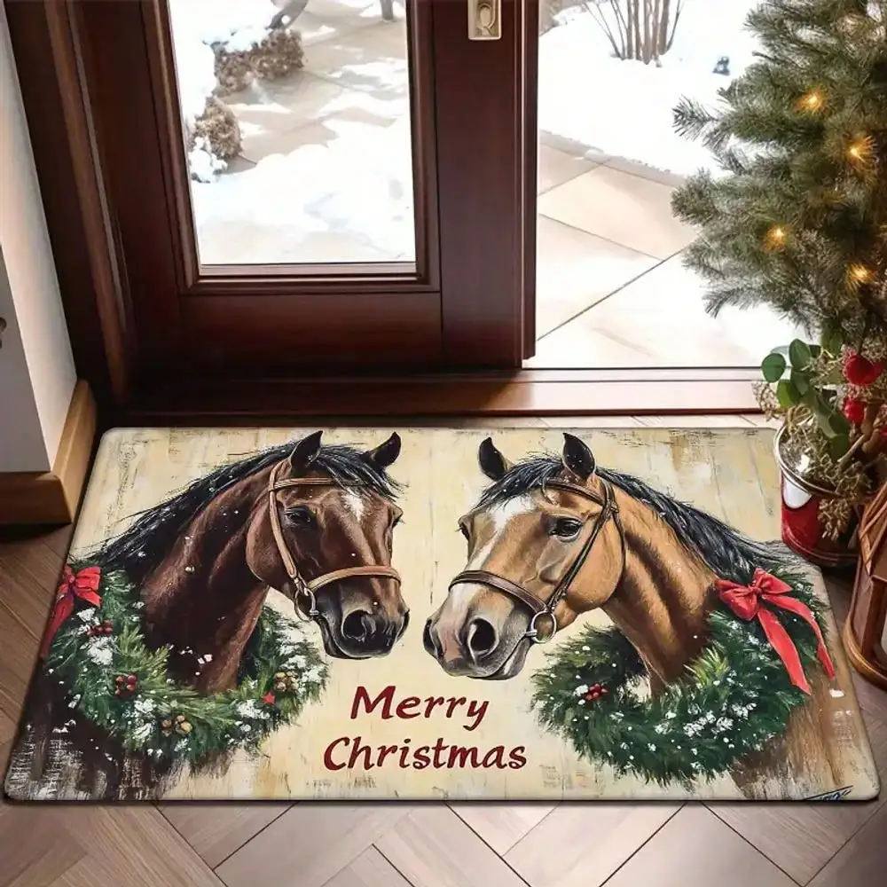 1pc Flannel Door Mat, Featuring A Merry Christmas Design With Two Horses, Comfortable Floor Mat Suitable For The Kitchen, Living Room, Bedroom, And Bathroom