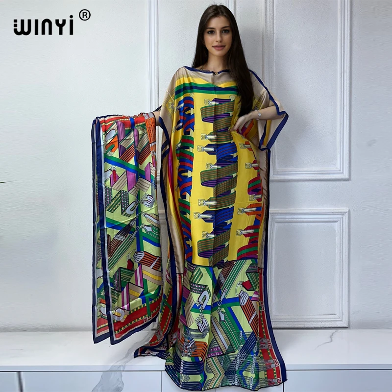 

WINYI 2024 New African Women Dashiki boho print muslim woman dubai Free Size Design With Scarf Maxi Loose African Elegant Dress