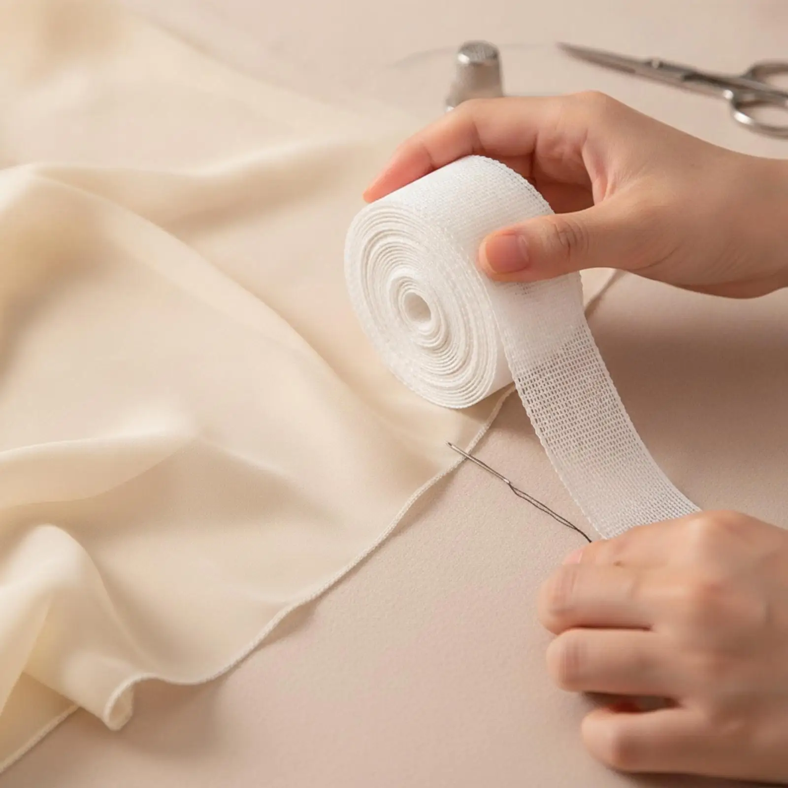 Fishbone Hem Tape Roll for Garment Sewing Edge Finishing with Mesh Grid for Lightweight Textile Crafting