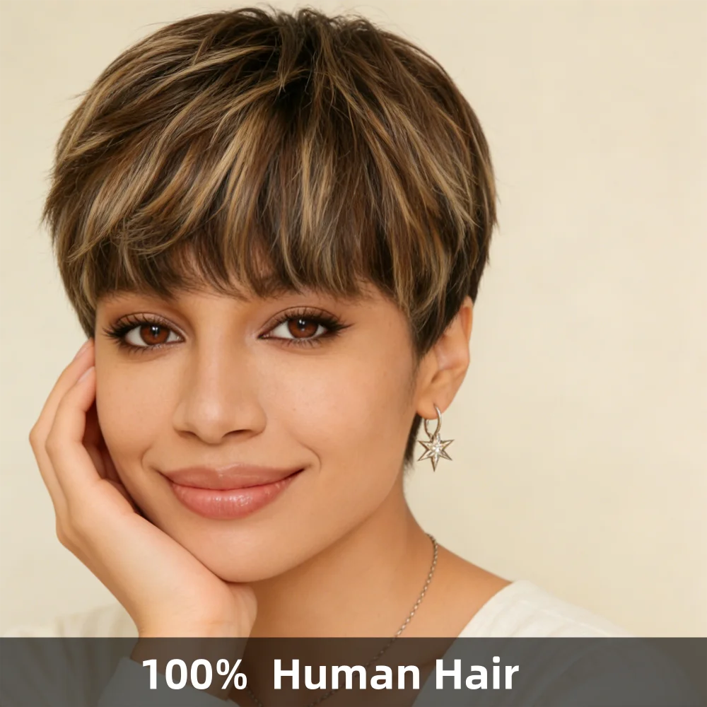 

100% натуральный парик из человеческих волос P4-27, высококачественный парик-пикси для женщин, 6-дюймовый короткий прямой парик с частичной челкой, полностью машинной работы