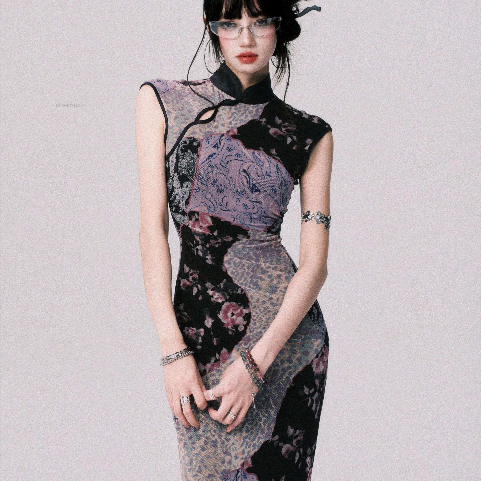 

New chinese-style Cheongsam Dress With High Collar Printed Long Daily Chinese Temperament Sexy Floral Cheongsam Dress