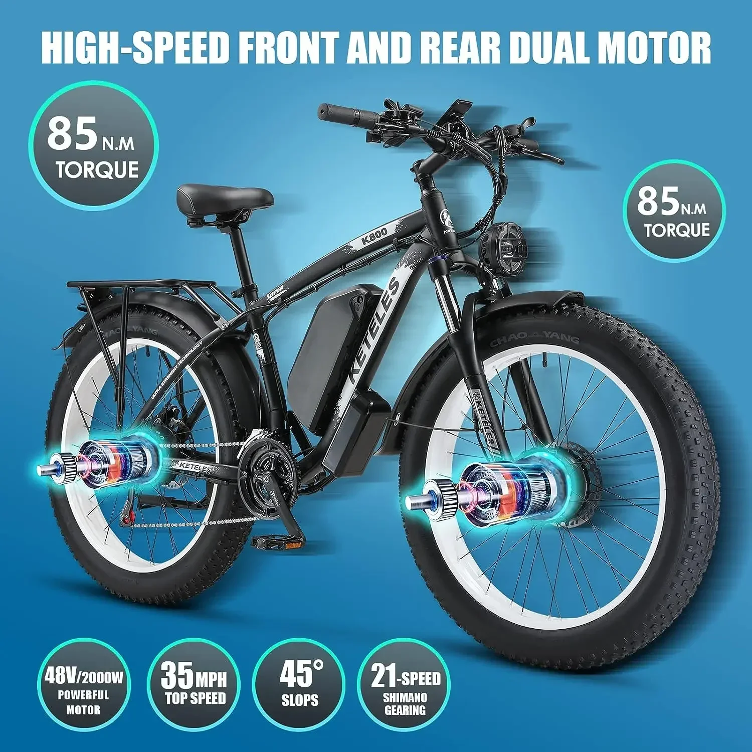 KETELES new 2000W motor, 48V23AH battery, 26 inch fat tires, hydraulic brakes, 21 speed, mountain off-road snow electric bicycle