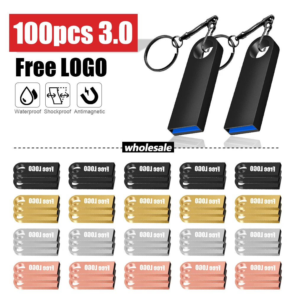 

100Pcs/Lot Free Logo USB Flash Pen Drive 16GB 32GB 64GB 128GB Waterproof Pendrive 64gb Memory Stick Real Capacity U-disk Cle Usb