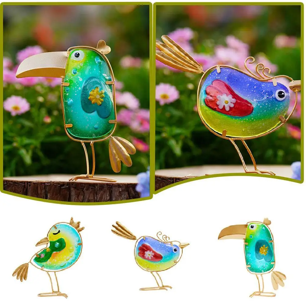 3pcs รูปปั้นนกโลหะและแก้ว BIRD Decor สวนรูปปั้นศิลปะฤดูใบไม้ผลิกลางแจ้งตุ๊กตาสัตว์เครื่องประดับสนามหญ้าสําหรับ Patio ระเบียง