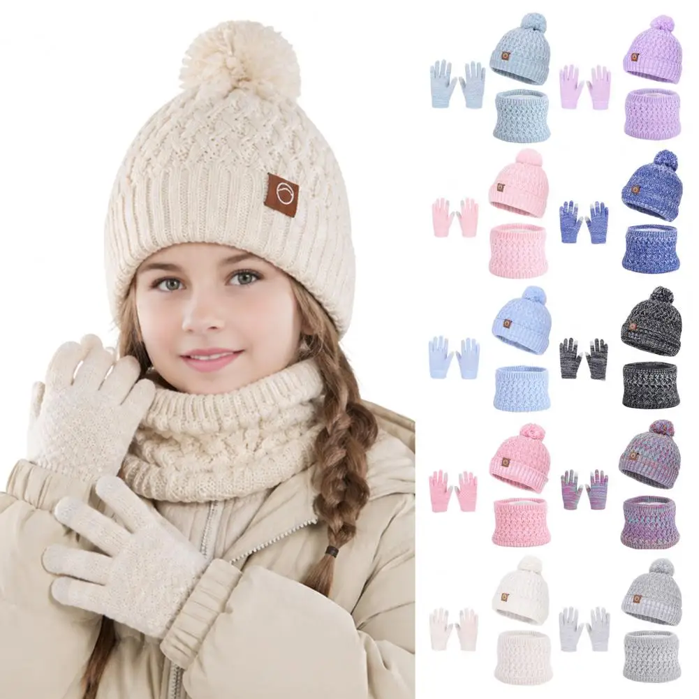 Kids Thermal Knit Beanies Neck Warmer Mittens Kids Winter Hat Scarf Gloves Set Fleece Lined Beanies Neck for Boys for Ages