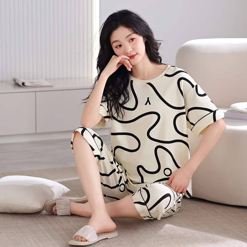 2024 Summer 100% Cotton Print Short Sleeve Knee Length Pajama Sets for Women Korean Loose Sleepwear Pyjama Homewear Home Clothes