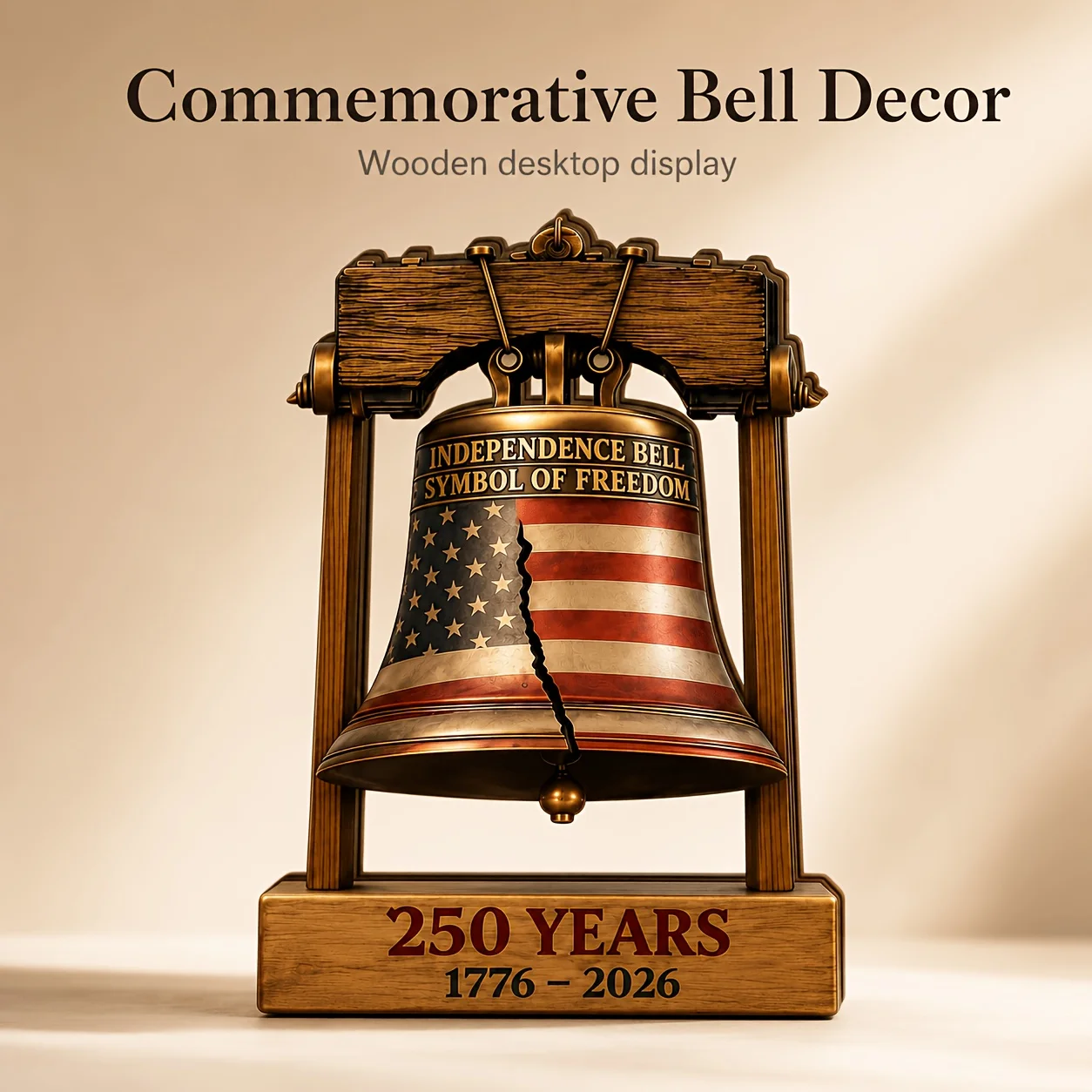 1 Piece American 250Th Anniversary Liberty Bell Wooden Desktop Decoration, Patriotic Independence Day Desktop Ornament, 1776-2026 Liberty Bell Woodworking Craft Emblem, Suitable for Home, Office, Bookshelf, and Party Decoration
