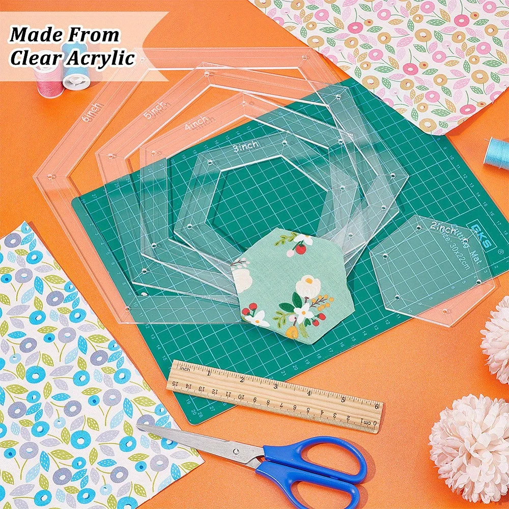 

5pcs Hexagon Quilting Template 2/3/4/5/6 Inch Acrylic Embroidery Tools Drawing Line Template for Hand Quilting and Embroidery