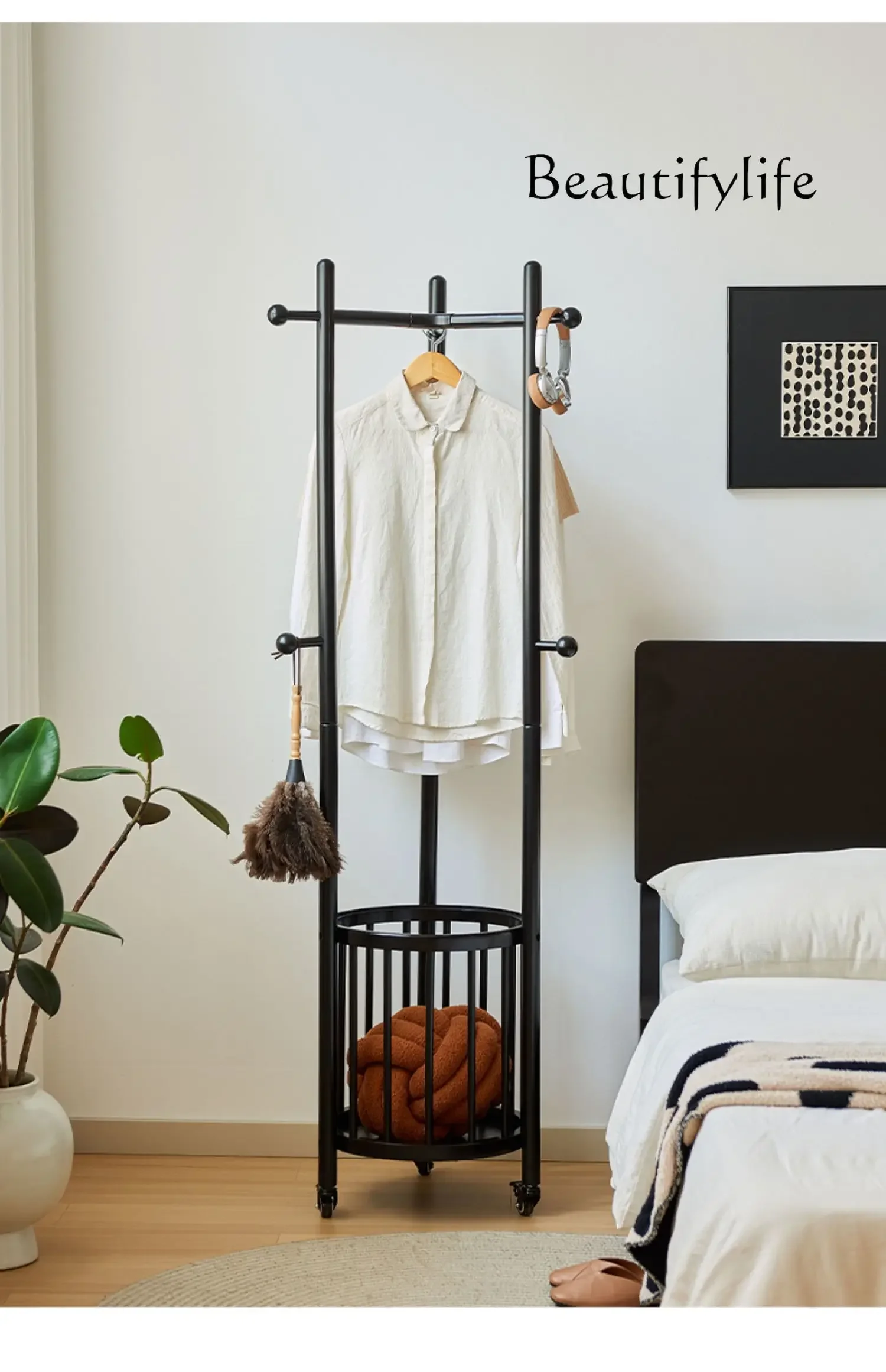 l  Wabi Sandy Wind Solid Wood Floor Coat Rack Bedroom Removable Clothes Storage Rack Dirty Clothes Basket Integrated