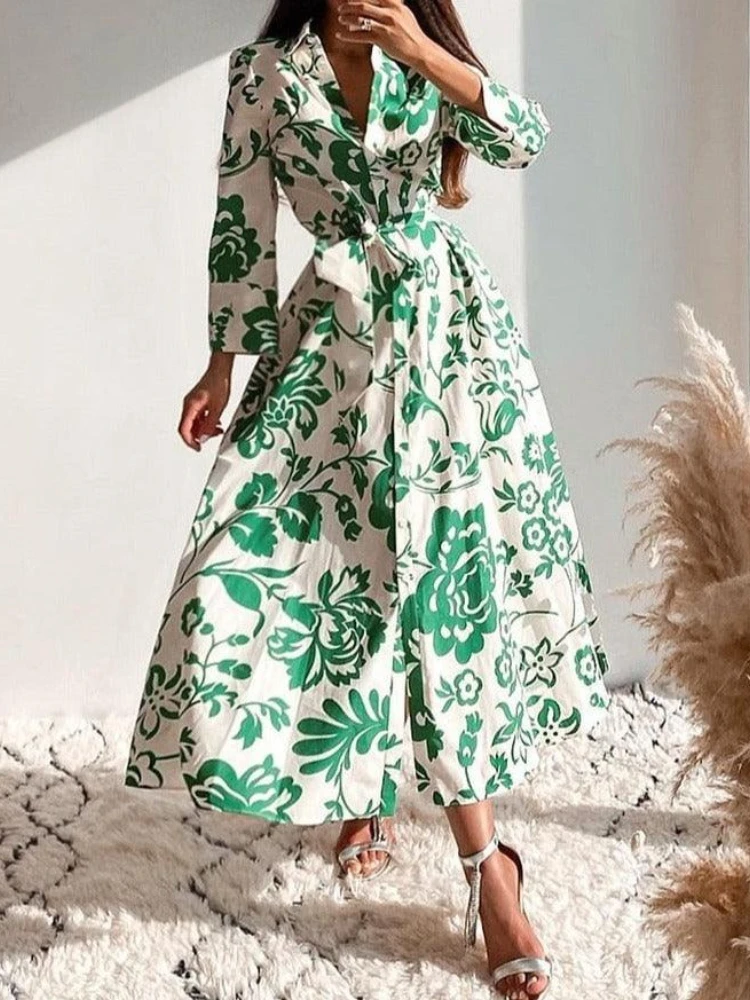 Novo elegante impresso floral solto camisa feminina vestido lapela estilo casual rendas até festa médio longo vestido botão cardigan roupas