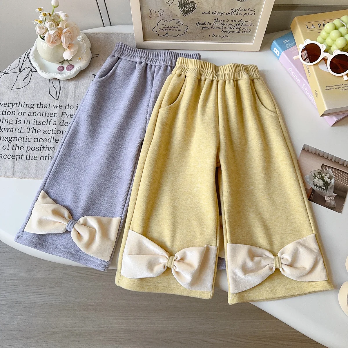 

Infant Girls Pant 3D Bow Thicken Warm Kids Baby Girls Wide Leg Pant New Winter Elastic Waist Toddler Girls Loose Casual Pant