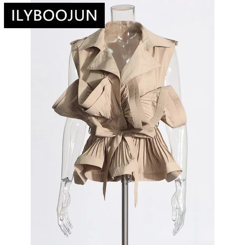 ILYBOOJUN Solid Temperament Spliced Folds Shirt For Women Lapel Sleeveless Patchwork Lace Up Designer Blouses Female Fashion