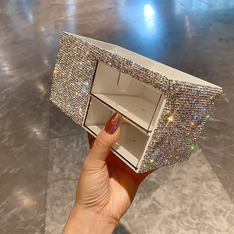 Luxury Rhinestone Multifunctional Storage Box Desktop Cosmetic Storage Stationery Pencil Office Organizer Rack Jewelry Holder