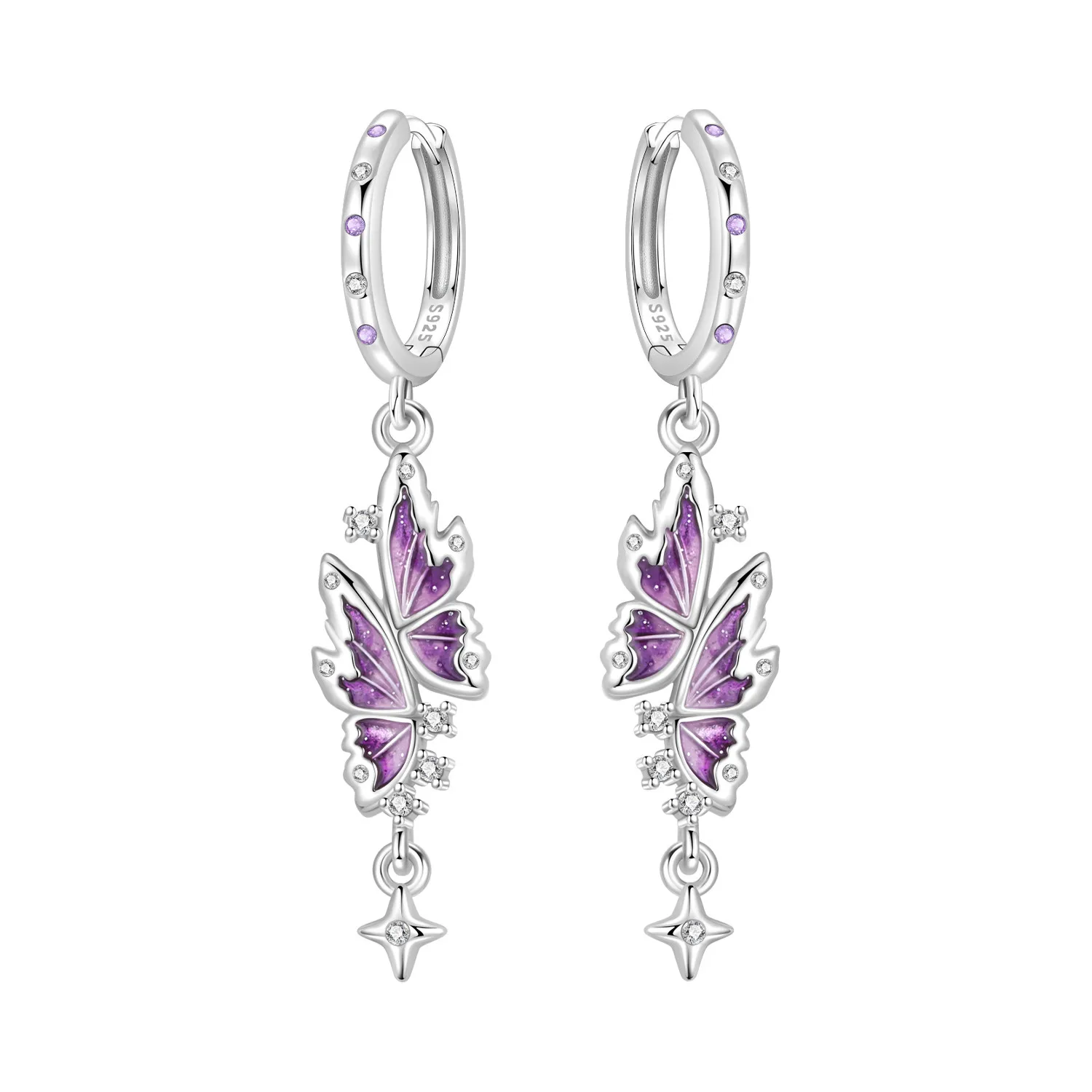 Original 925 Sterling Silber Ohrringe, Vielseitige Exquisite Hellviolette Rosa Blumen-Schmetterlings-Ohrringe, Schmuck für Frauen zum Geburtstag – Detail 15