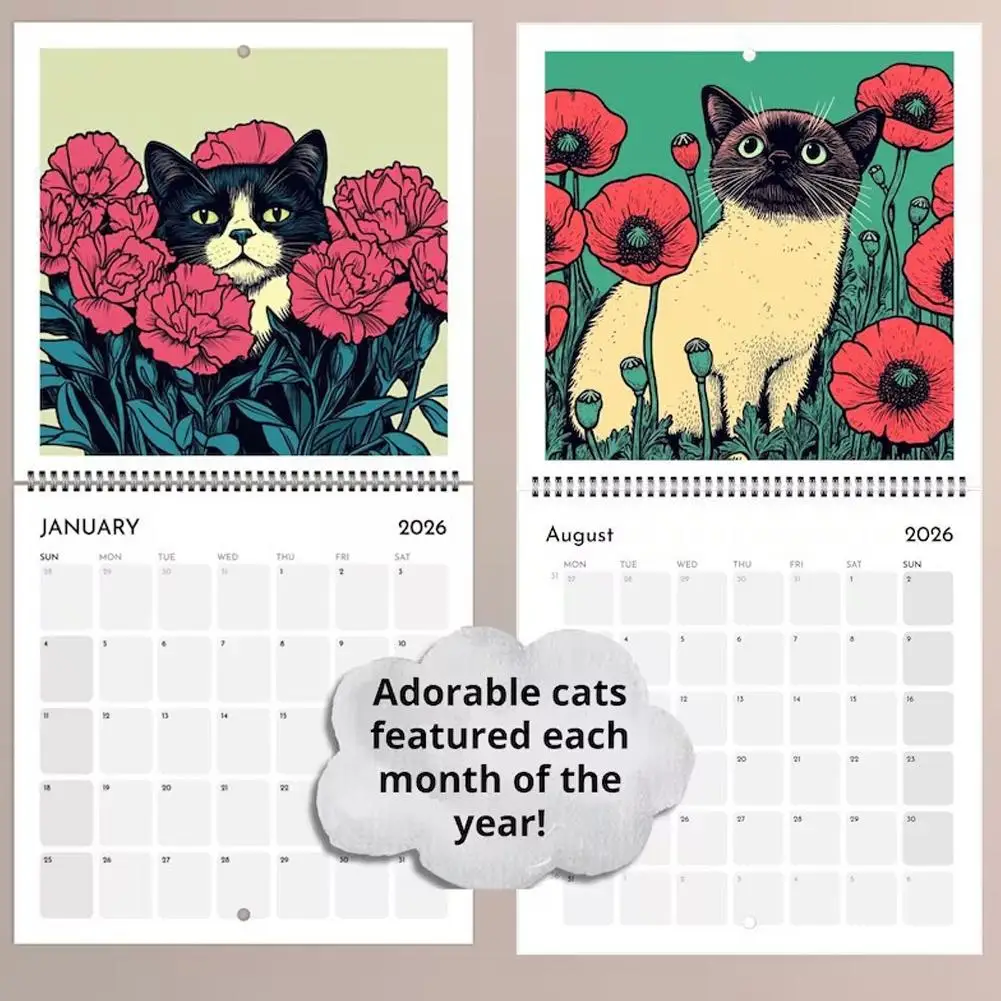 

Cat Flower 2026 Calendar 2026 Home Office Desktop Wall Calendar Funny Cute Cat Pattern Spiral Bound Daily Planner