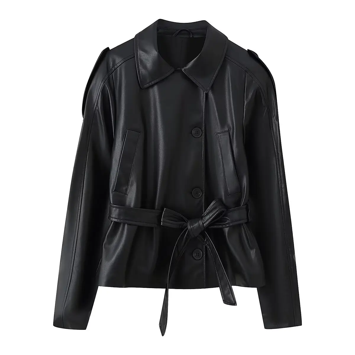 

European and American style 2025 autumn new temperament fashionable versatile waist imitation leather jacket